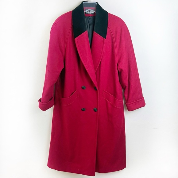 Vintage Jofeld Long Wool Coat Velvet Collar Pockets Red Black Large Old Money - Picture 1 of 16